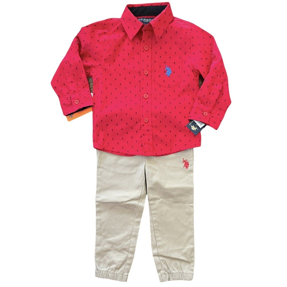 US Polo Assn Boy Flex Twill Pants 3T & US Polo ASSN 2T Long Sleeves Shirt Set NW